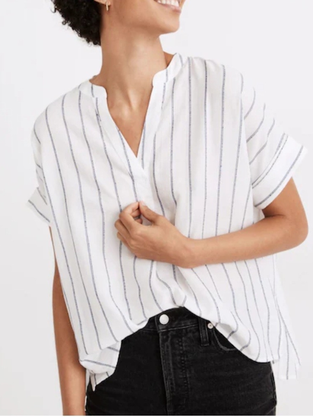 Madewell White Blouse with Navy Stripes Wome's 100% Cotton